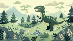 Detailed T-Rex dinosaur mural wallpaper design pattern with forest landscape by Kids-Mundo