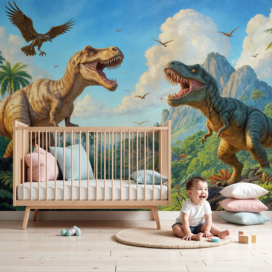 Kids-Mundo roaring T-Rex dinosaur wall mural in a bright adventurous nursery