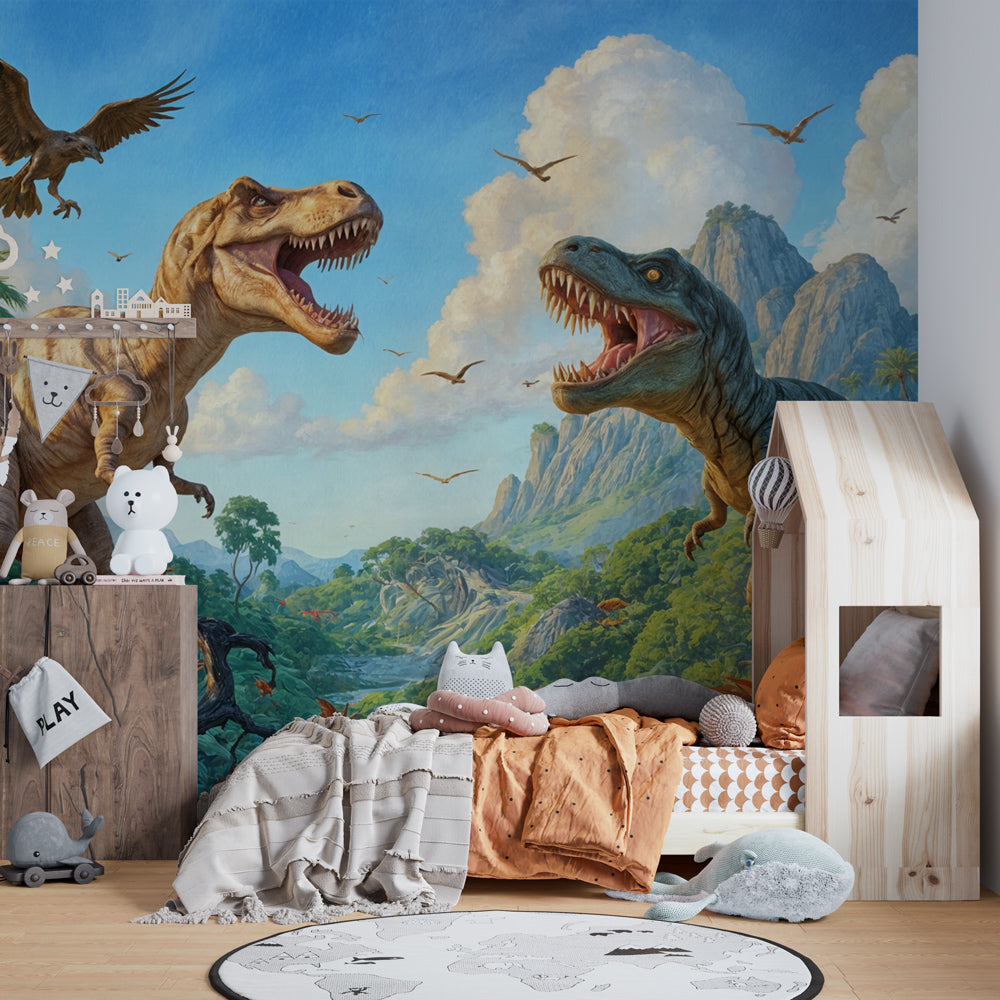 Kids-Mundo T-Rex showdown wall mural as a dramatic backdrop in a children's playroom