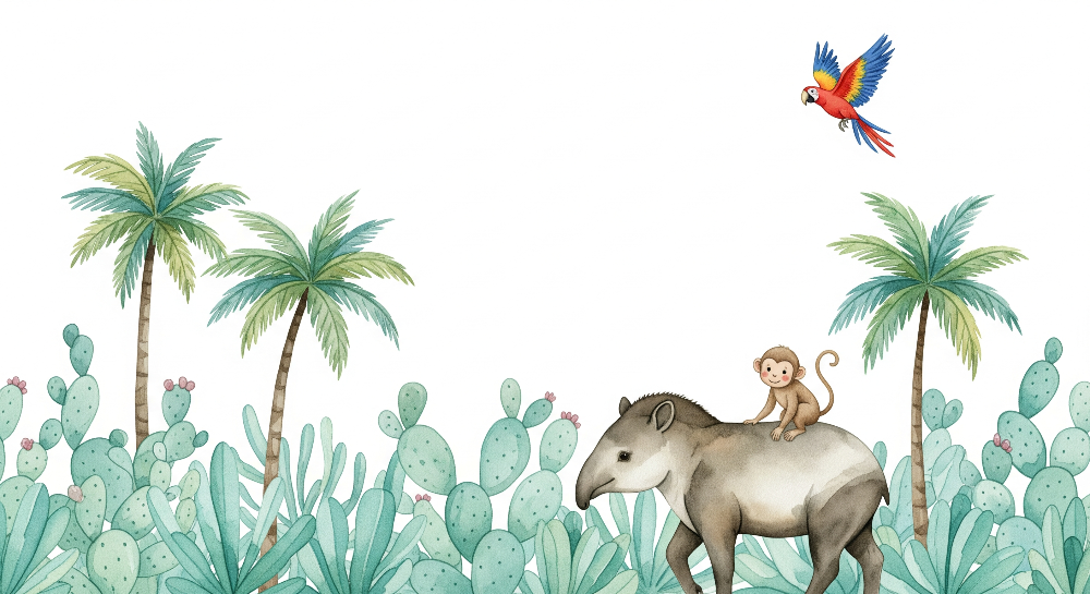 Kids-Mundo tapir and monkey artwork with macaw and teal cacti on white background