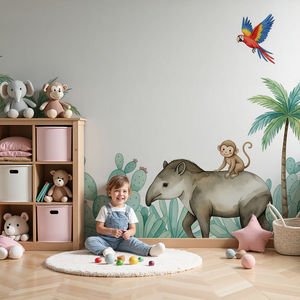Kids-Mundo tapir and monkey wall mural styled in a calm, teal-toned nursery with cot