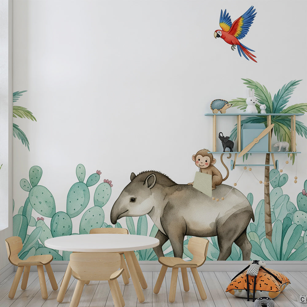 Kids-Mundo tapir and monkey mural brightening a playful children's playroom wall