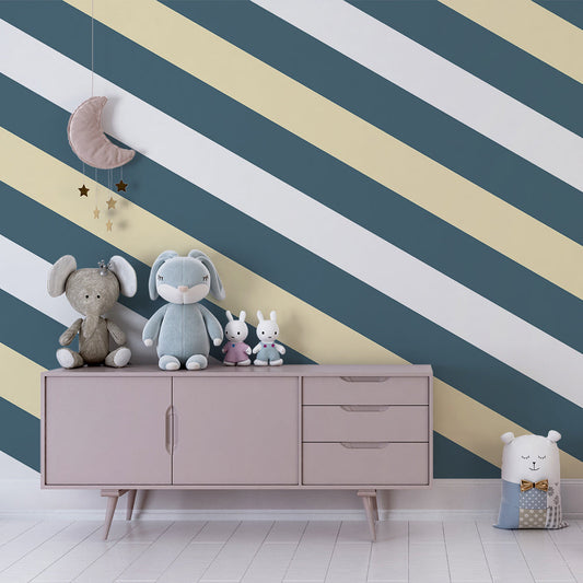 Kids-Mundo diagonal stripe wall mural styled in a bright, bold kids bedroom