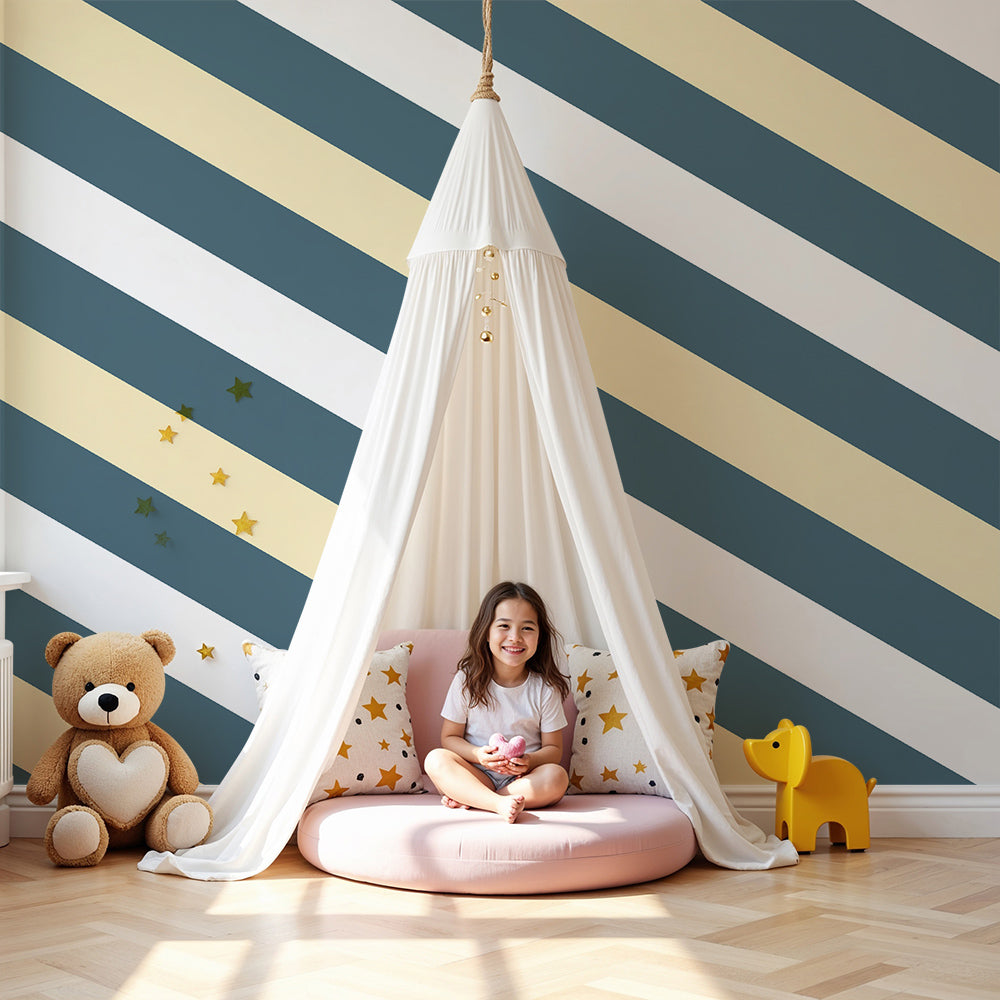 Kids-Mundo teal and cream striped wall mural in a modern nursery with white cot