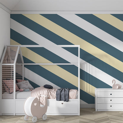 Kids-Mundo teal stripe wall mural adding energy to a playful, colourful playroom