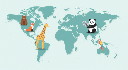 Flat artwork preview of the Kids-Mundo teal world map mural with giraffe, panda and parrot