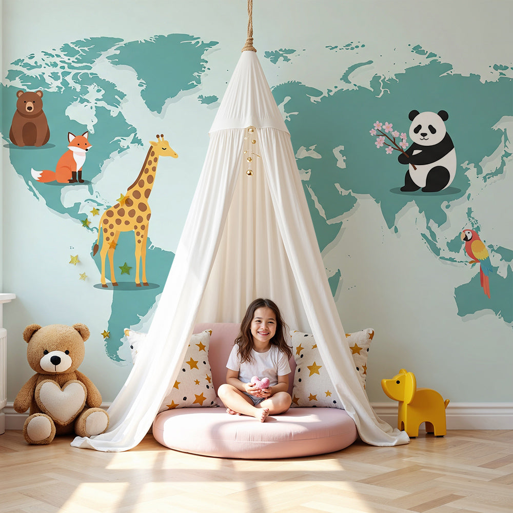 Teal world map wall mural with giraffe and panda painted in a Kids-Mundo nursery