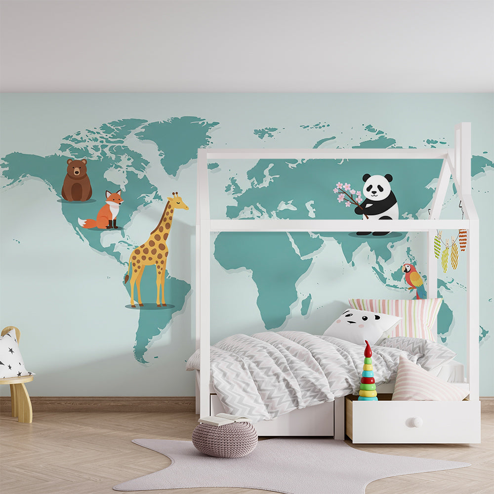 Playroom wall featuring the Kids-Mundo teal world map mural with giraffe and panda