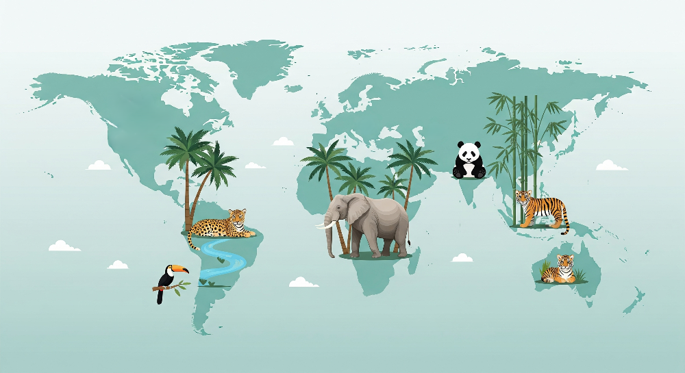 Teal World Map with Jungle Animals Wall Mural