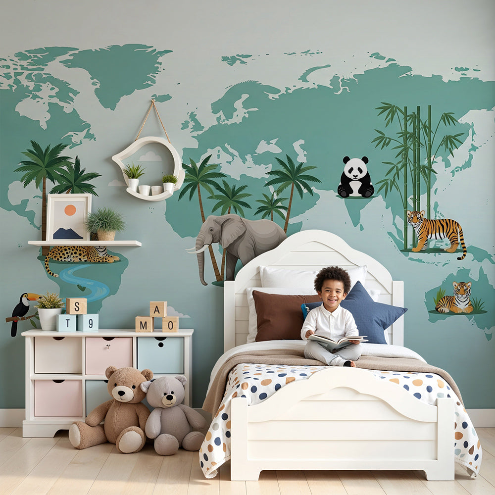 Kids-Mundo teal jungle world map wall mural in a soft green nursery with cot and rug