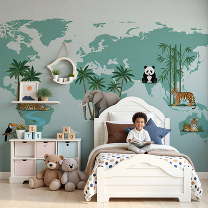 Kids-Mundo teal jungle world map wall mural in a soft green nursery with cot and rug