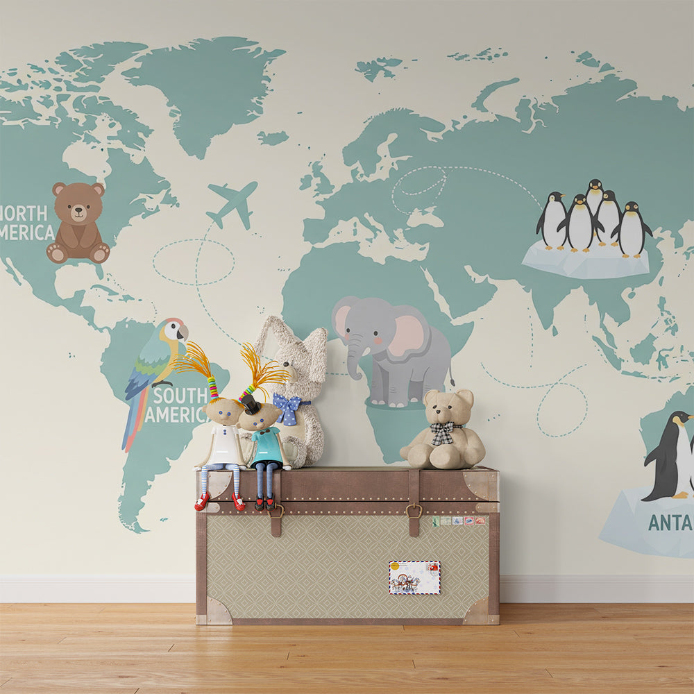 Kids-Mundo labelled world map mural with elephant and aeroplane on a kids bedroom wall