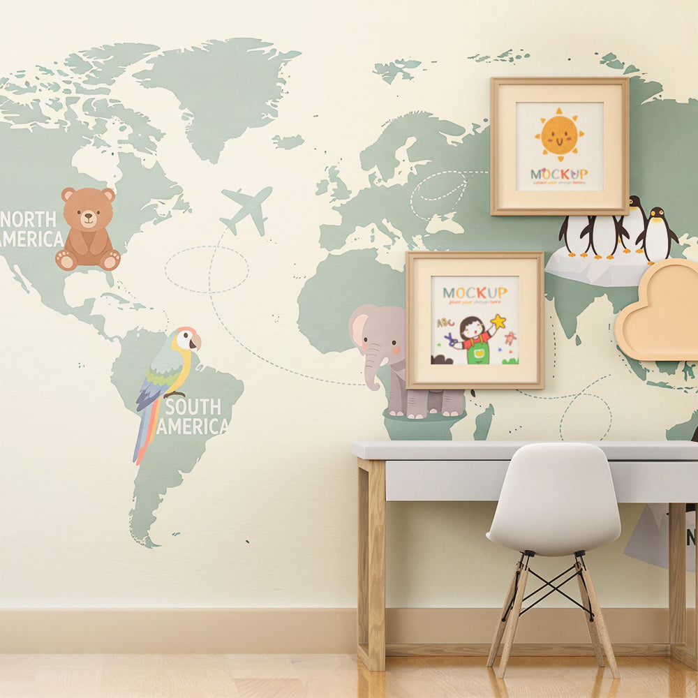 Kids-Mundo teal world map mural with penguins and Antarctica label in a playroom
