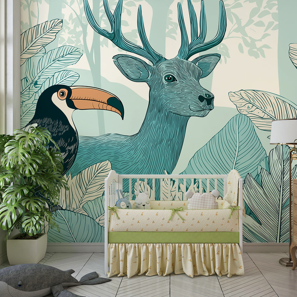 Kids-Mundo teal jungle wall mural with a stag and toucan in a kids bedroom