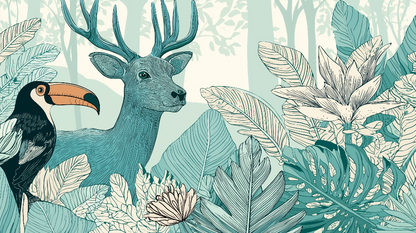 Kids-Mundo teal stag and toucan mural artwork with dense ink-line jungle leaves
