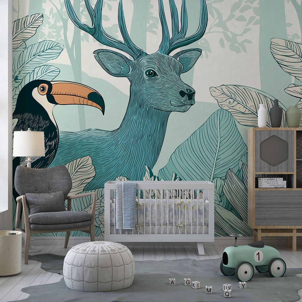 Kids-Mundo stag and toucan jungle wall mural brightening a children's playroom