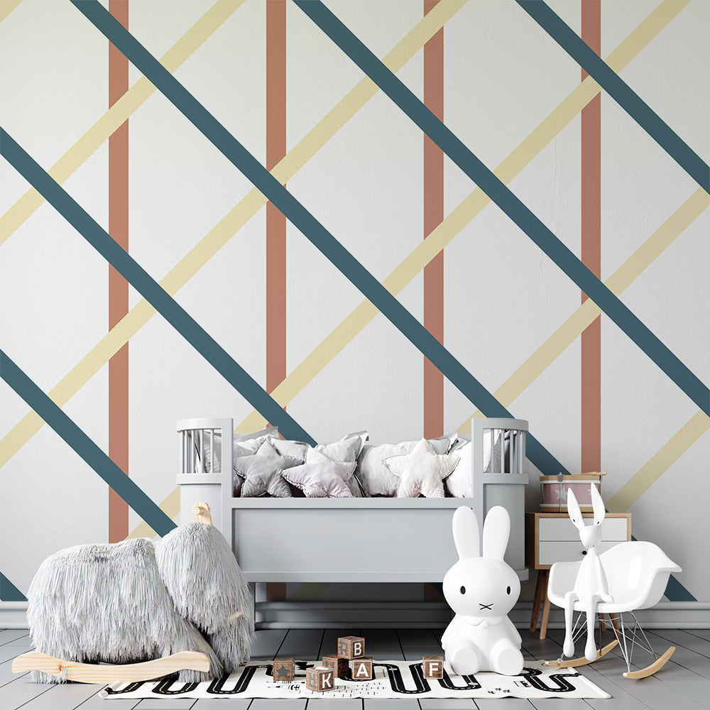 Kids-Mundo diagonal plaid wall mural styled on a kids bedroom feature wall