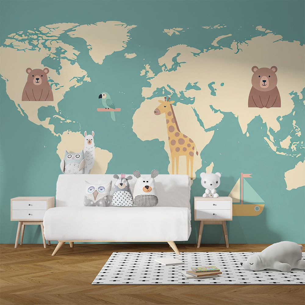 Kids-Mundo world map mural featuring a llama and parrot in a cosy kids' bedroom