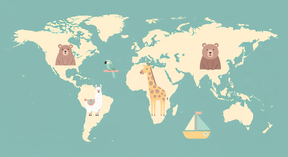 Kids-Mundo flat artwork of a teal world map mural with bears, giraffe and llama