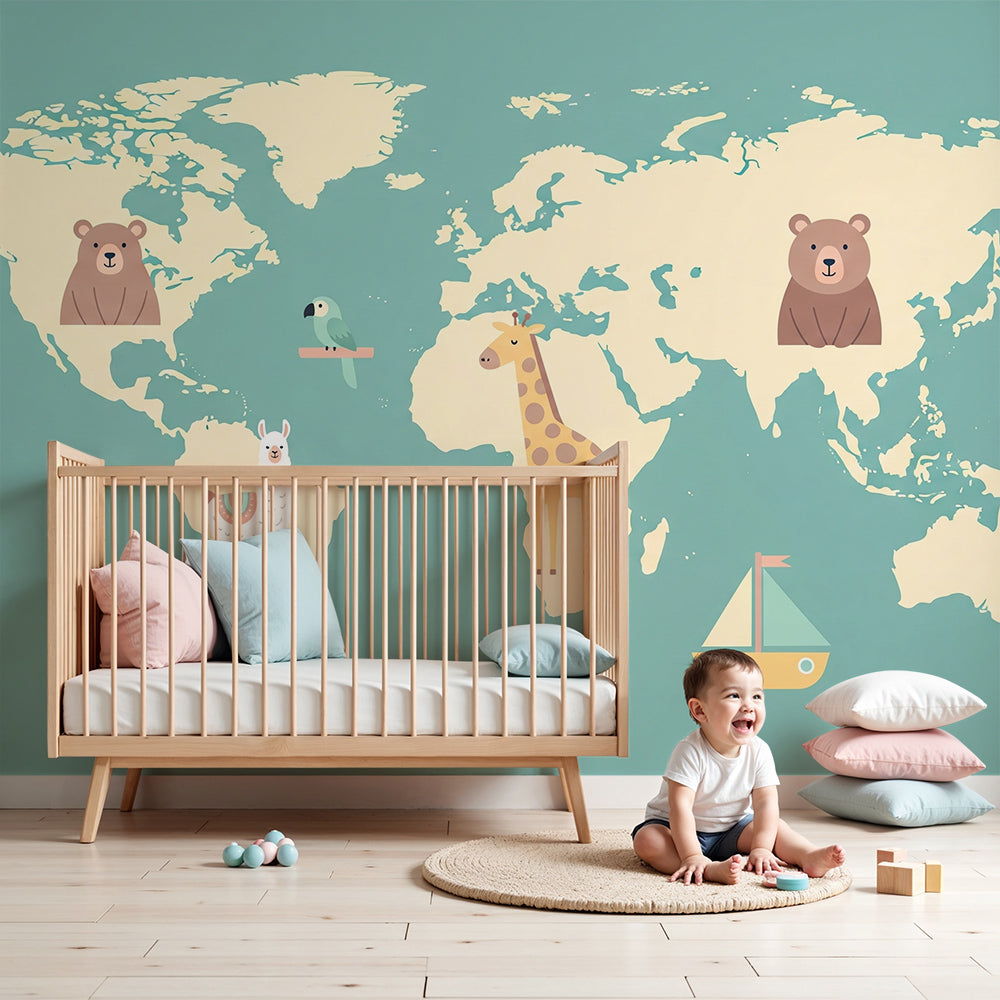 Kids-Mundo teal world map wall mural with bears and giraffe in a calm nursery