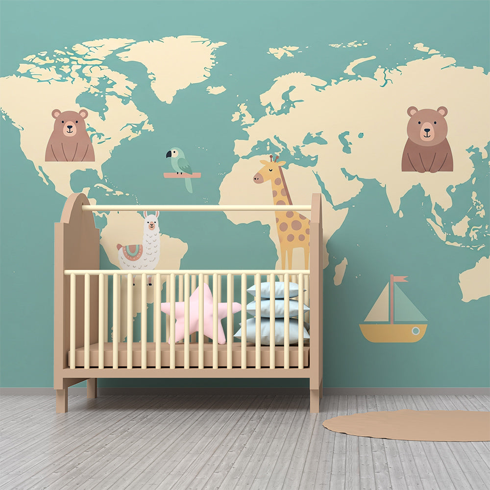 Kids-Mundo teal world map wallpaper with animals brightening a children's playroom