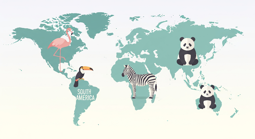 Kids-Mundo flat artwork of a teal world map with flamingo, toucan, zebra and panda
