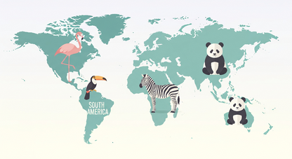 Kids-Mundo flat artwork of a teal world map with flamingo, toucan, zebra and panda