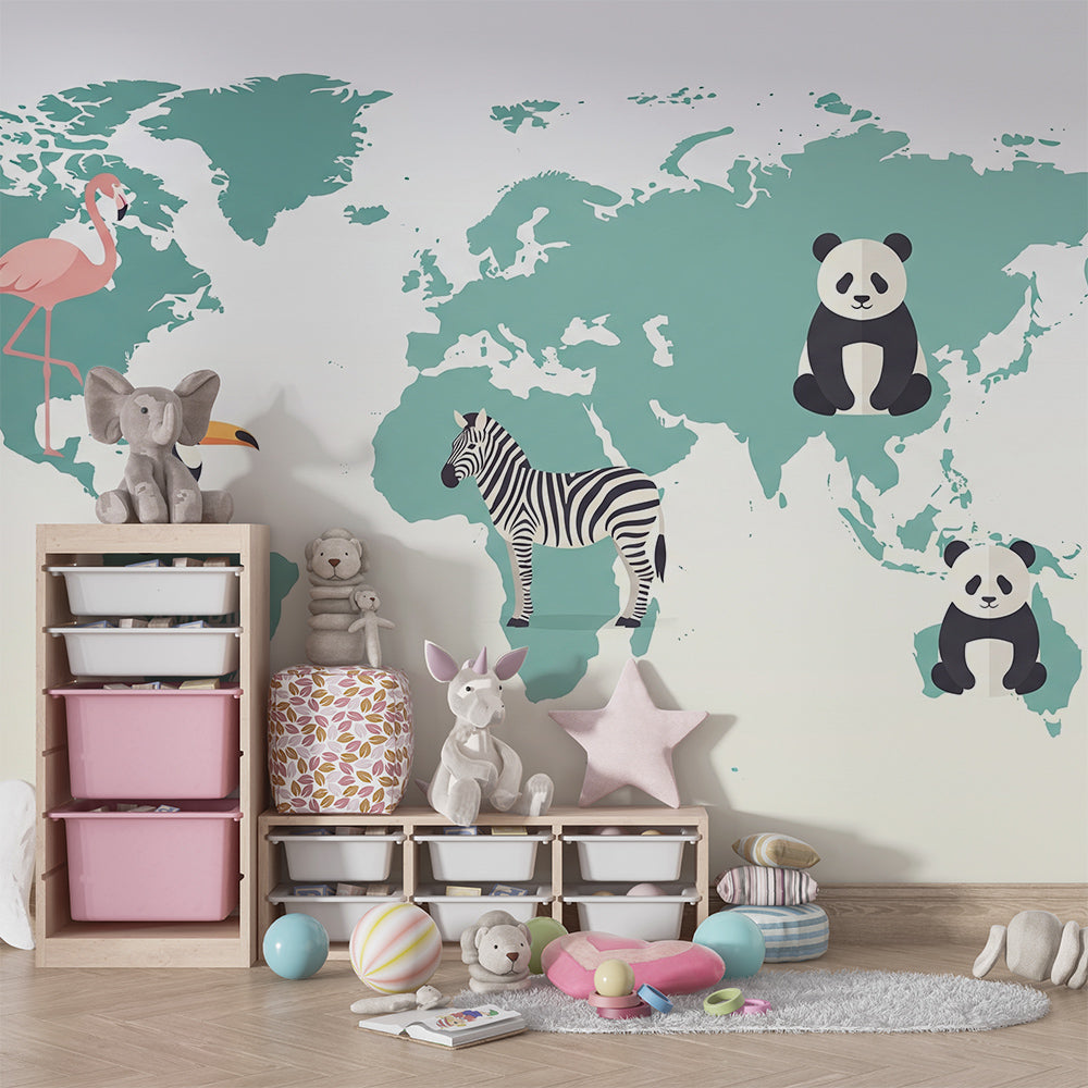 Kids-Mundo teal world map wall mural with toucan and panda motifs in a playroom corner