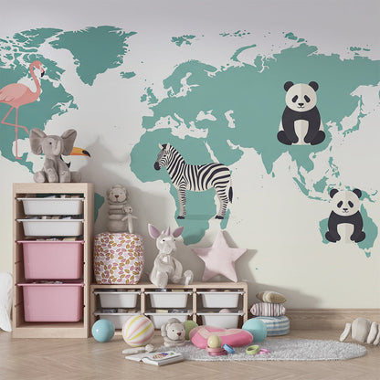 Kids-Mundo teal world map wall mural with toucan and panda motifs in a playroom corner
