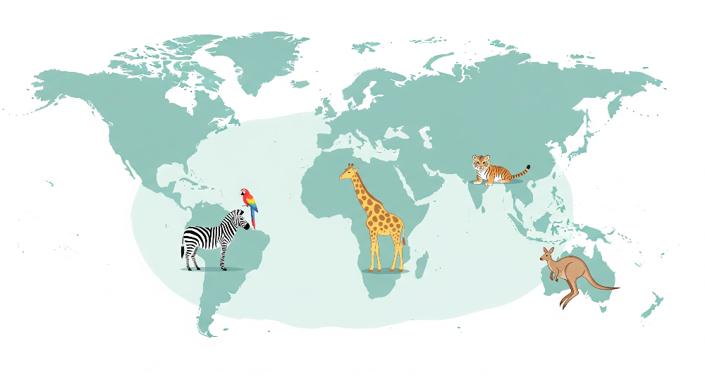 Kids-Mundo flat artwork of a teal world map with a zebra, parrot, giraffe, tiger and kangaroo