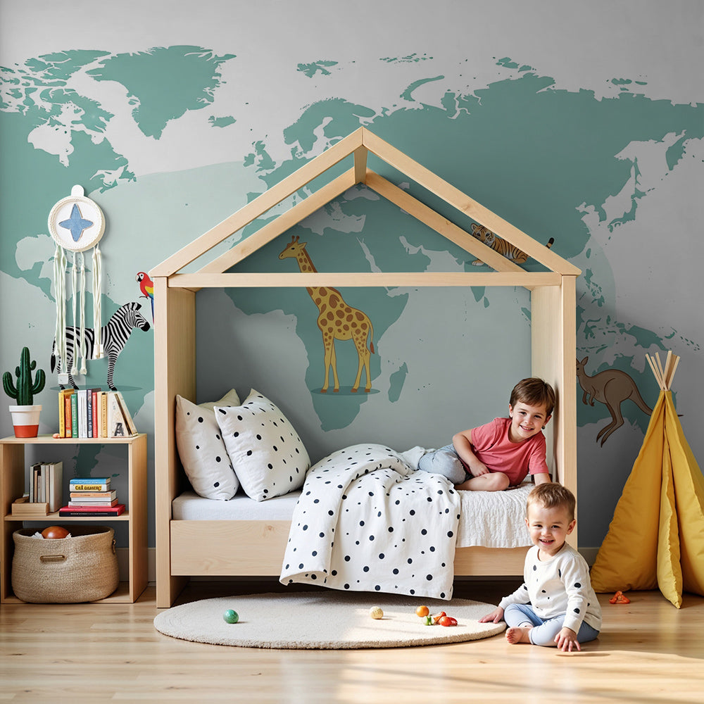 Kids-Mundo teal world map wall mural with zebra and tiger styled behind a cot in a modern nursery