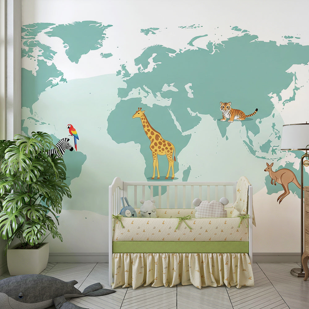Kids-Mundo teal world map wall mural bringing a parrot and tiger into a bright children's playroom