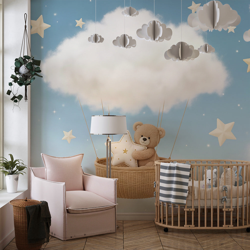 Kids-Mundo teddy bear wallpaper mural in a toddler's bedroom, adding a starry cloud feature wall.