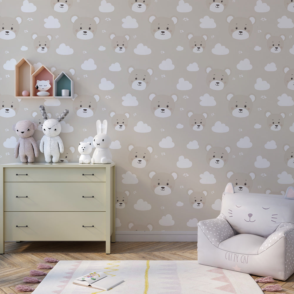 Kids-Mundo teddy bear wallpaper mural on a feature wall in a toddler's kids bedroom