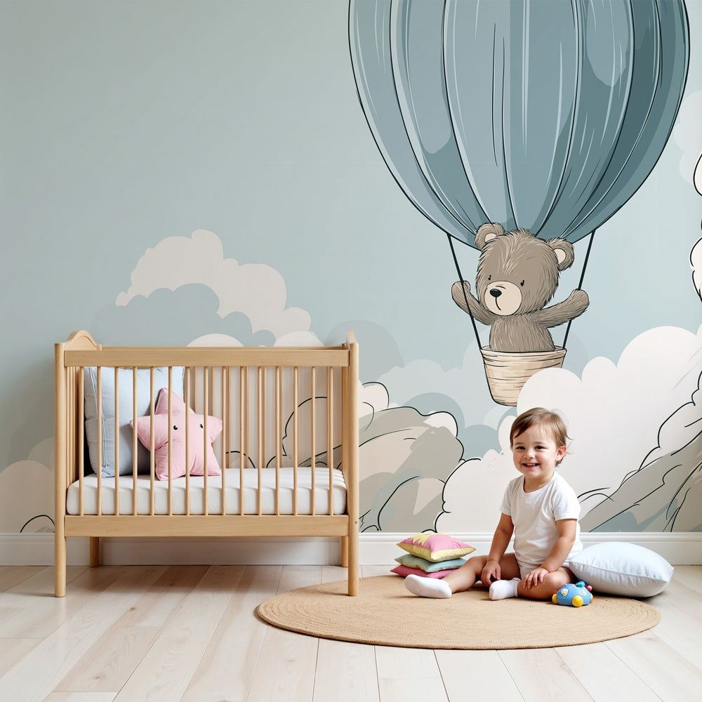Kids-Mundo teddy bear hot air balloon wall mural made to measure in a soft blue nursery room