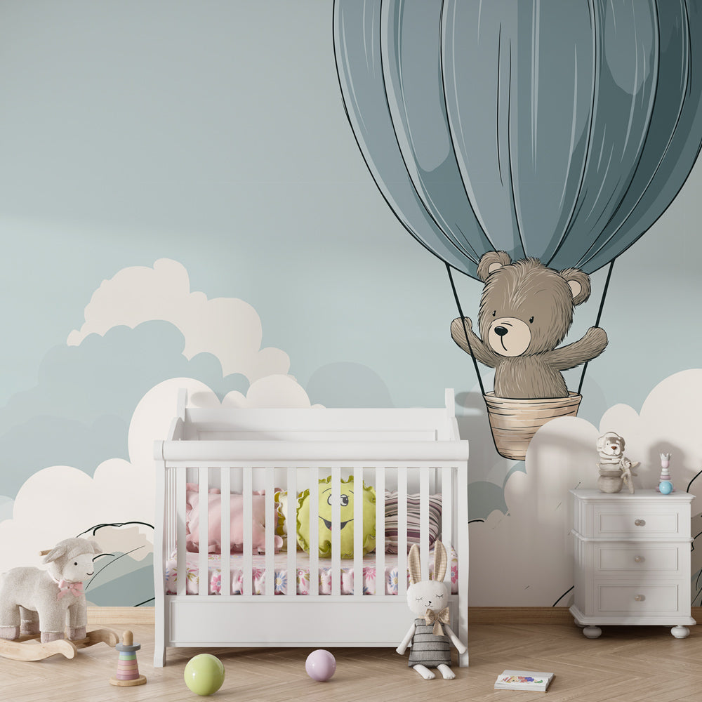 Kids-Mundo teddy bear balloon mural fitted in a playroom with gentle line-art clouds