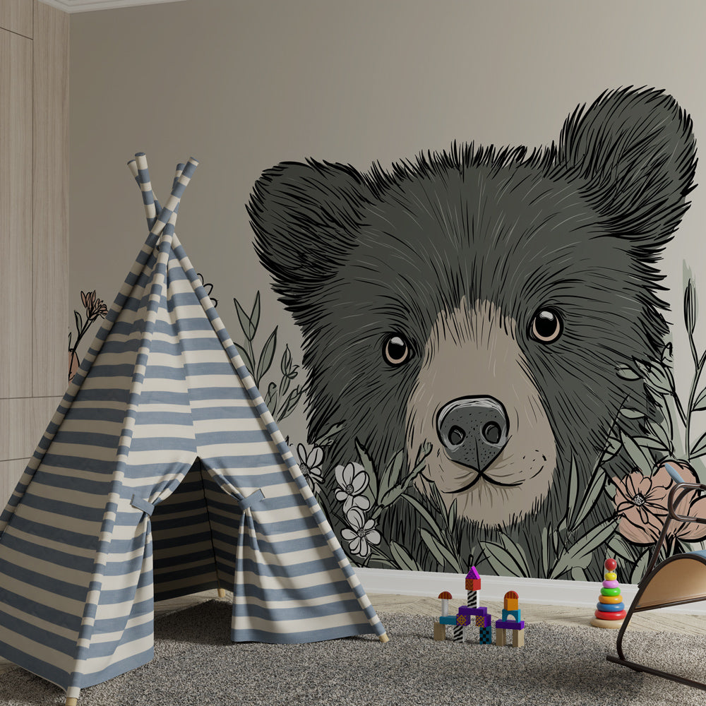Charming teddy bear and flowers wallpaper creating peaceful baby bedroom decor