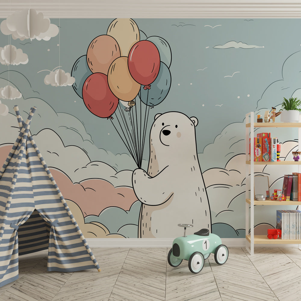 Pastel teddy bear mural wallpaper behind baby crib in soft nursery setting