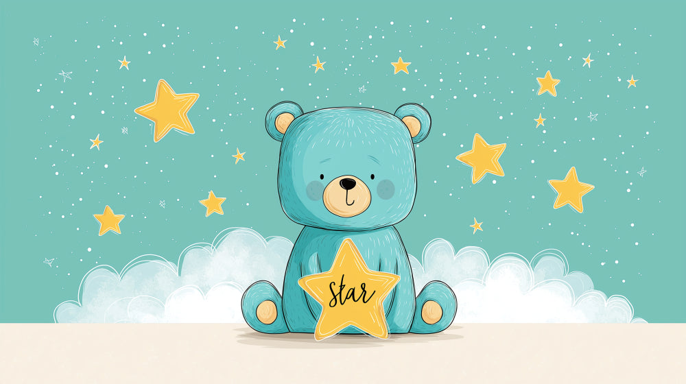 Detailed teddy bear with stars and clouds mural wallpaper design pattern by Kids-Mundo