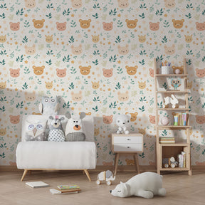 Children's bear themed mural wallpaper showcasing calming beige tones in kids bedroom decor