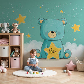 Teddy bear star mural wallpaper in modern nursery with wooden crib by Kids-Mundo