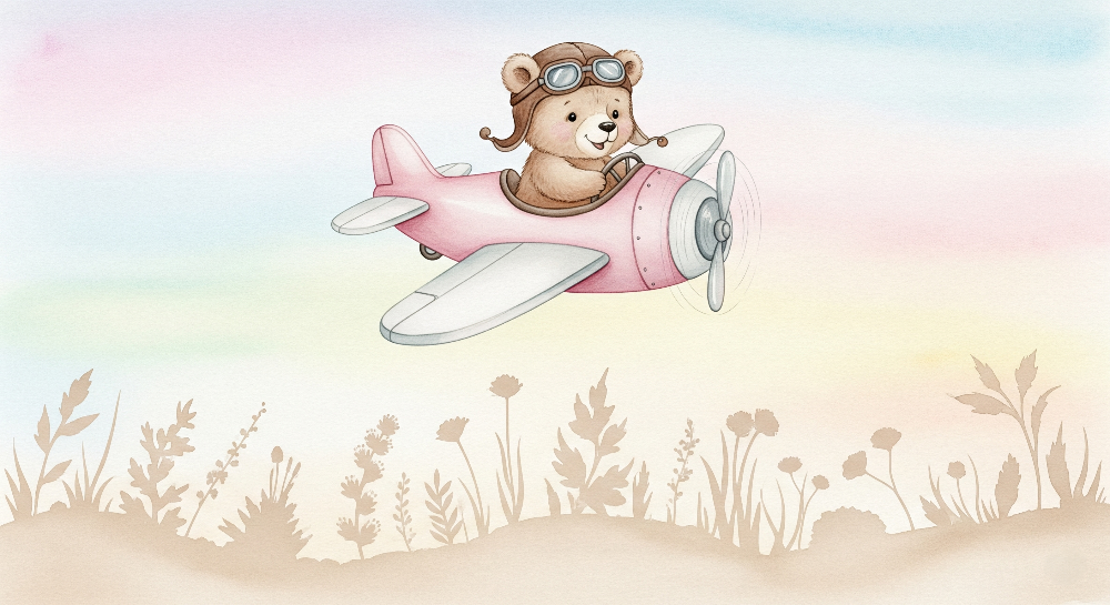 Kids-Mundo flat artwork of a teddy bear pilot flying a pink plane over a pastel meadow sky.