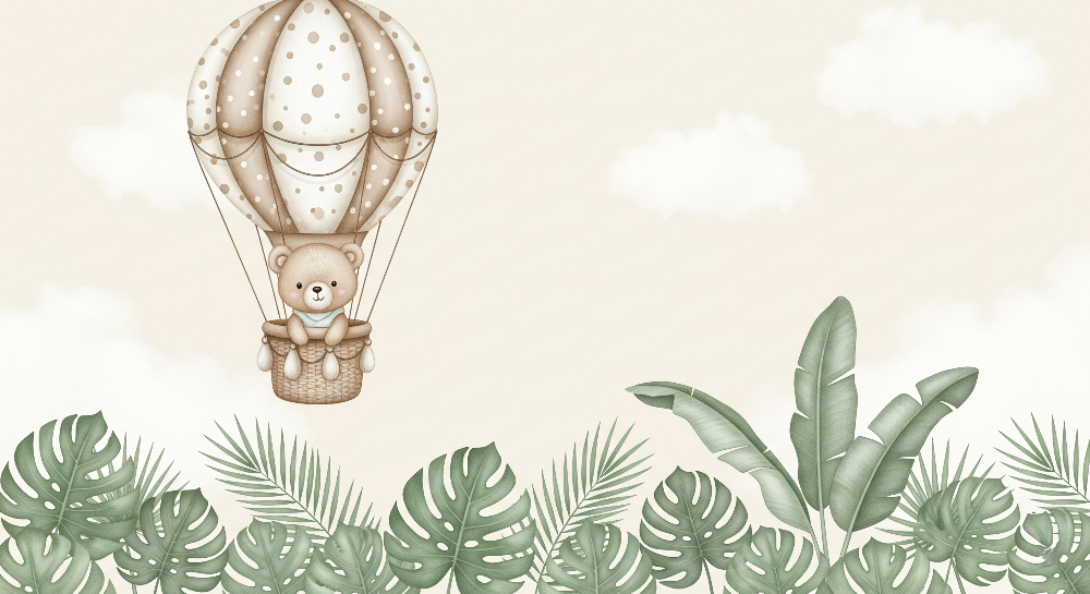 Kids-Mundo teddy bear in a spotted balloon over tropical leaves artwork