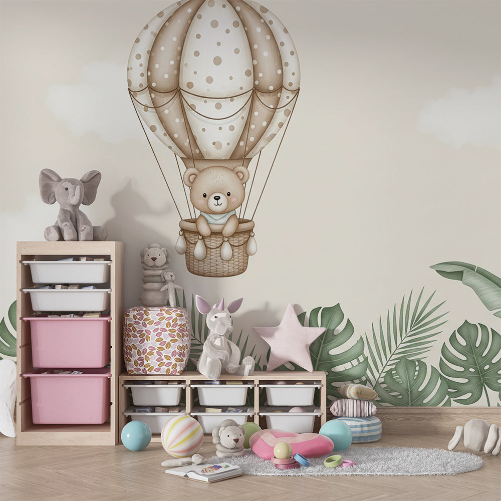 Kids-Mundo teddy bear balloon wall mural covering a wall in a cosy children's playroom
