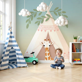 Teepee giraffe mural wallpaper creating adventurous nursery decor with soft blue tones by Kids-Mundo