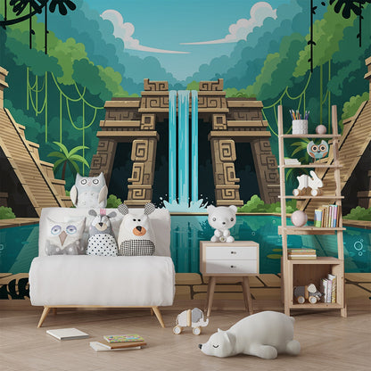 Kids-Mundo jungle temple mural wallpaper with waterfall decorating an adventurous kids bedroom