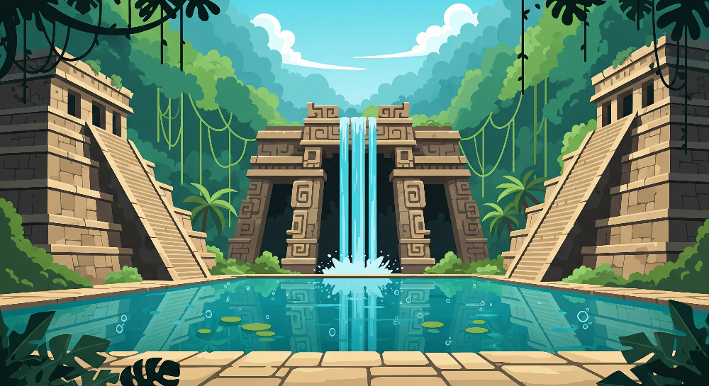Kids-Mundo flat artwork of ancient temple ruins with a waterfall cascading through the jungle