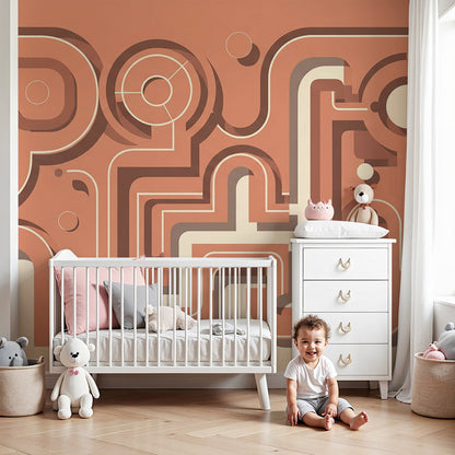 Kids-Mundo terracotta abstract maze wall mural in a bright playroom setting