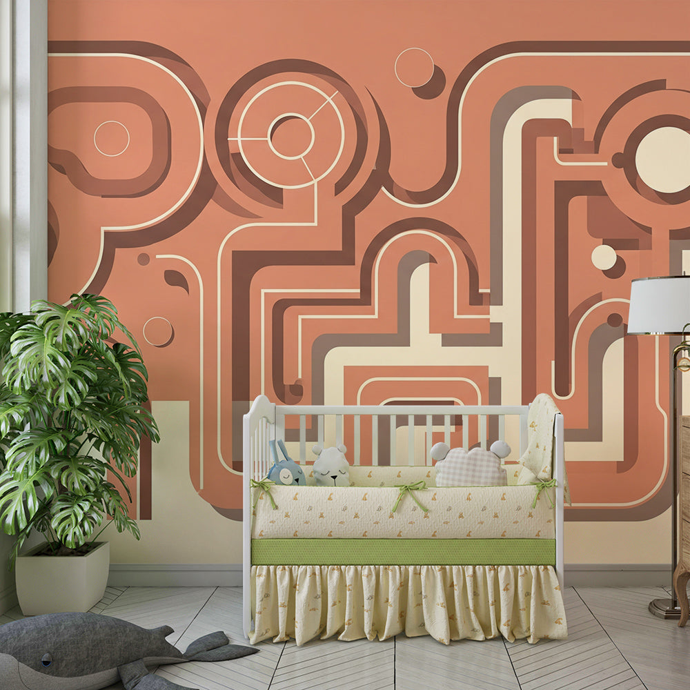 Kids-Mundo terracotta abstract maze mural fitted in a nursery play corner