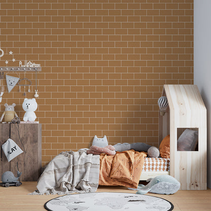 Kids bedroom featuring a Kids-Mundo terracotta brick wall mural above a bed